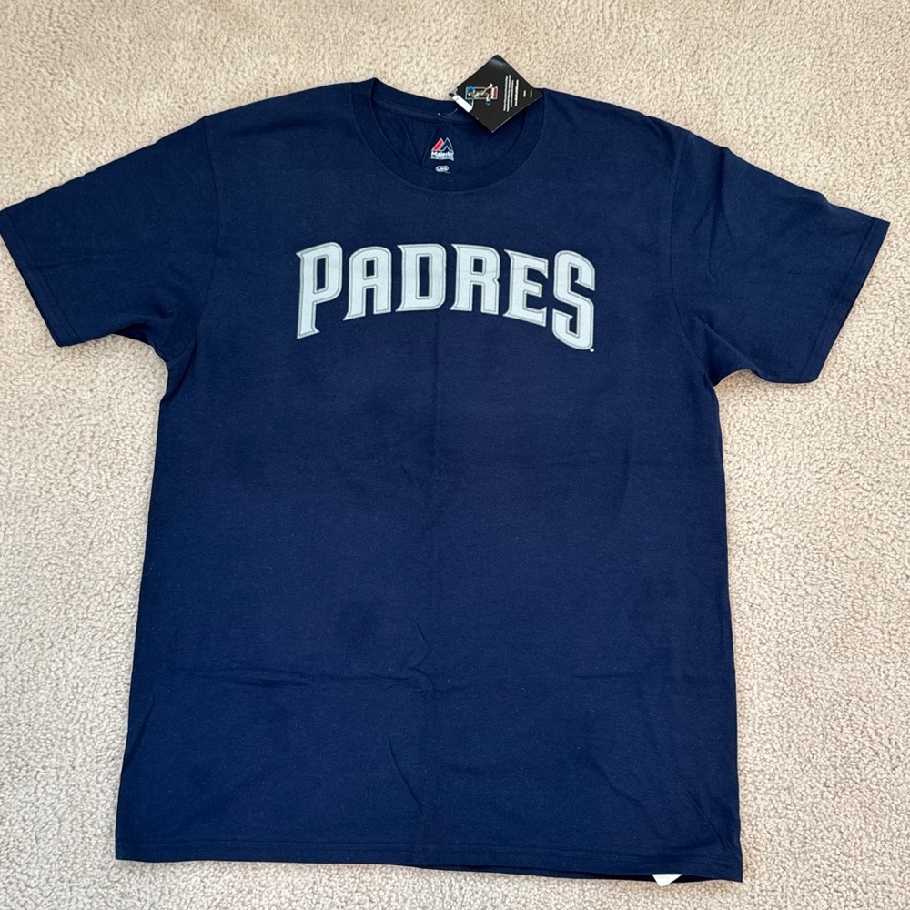 Majestic Navy Padres Manny Machado 13 Jersey Tee with Light Gray Lettering